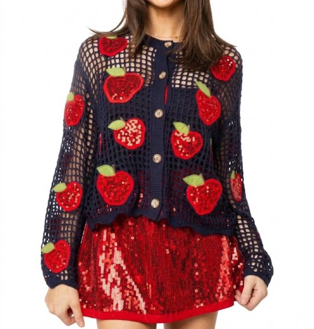 NEW QUEEN OF SPARKLES crochet sequin apple button up sweater in navy/ red